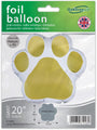 El globo de papel de aluminio blanco y dorado de 20" Oaktree Brand Paw Print viene empaquetado en verde y blanco, con la inscripción "globo de papel de aluminio" en la parte superior y el logotipo de Oaktree en la esquina superior derecha. El globo tiene forma de huella de pata con almohadillas doradas.