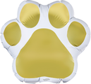 El globo Oaktree Brand Paw Print White and Gold de 20" presenta un diseño de una gran pata de animal con cuatro dedos y una almohadilla, sobre un fondo blanco liso.