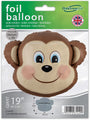 El globo de 19" Oaktree Brand Monkey Foil, con forma de cara de mono de dibujos animados sonriente, viene empaquetado en verde con el logotipo de Oaktree en la parte superior derecha, perfecto para decoraciones de fiestas infantiles o de la selva.