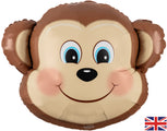 The 25" Oaktree Shape Cute Monkey Metallic Packaged balloon by Oaktree features a big smile, rosy cheeks, wide blue eyes, and a small UK flag. Its brown and beige colors make it perfect for jungle-themed parties.