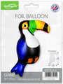Le ballon Oaktree 36" en forme de Toucan emballé de façon métallique est une décoration de fête tropicale vibrante en noir, blanc, bleu, vert, orange et jaune. L'emballage comporte les détails du produit et un drapeau britannique. Marque : Oaktree.