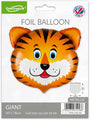 The 30" Oaktree Tiger Head Foil Balloon features orange, black, and white colors. Packaged and metallic, it's perfect as a jungle party decoration. Branded by Oaktree UK.