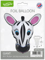 Ideal for animal-themed parties, the 30" Zebra Packaged Oaktree Brand Foil Balloon features bold black stripes, big eyes, and pink inner ears. The packaging displays the playful zebra head and highlights key details.