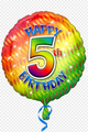 Globo de mylar de 18″ con el mensaje Feliz 5.º cumpleaños, con un diseño redondo multicolor y brillante de lámina metálica, un gran número 5 y una cinta azul atada en la parte inferior.