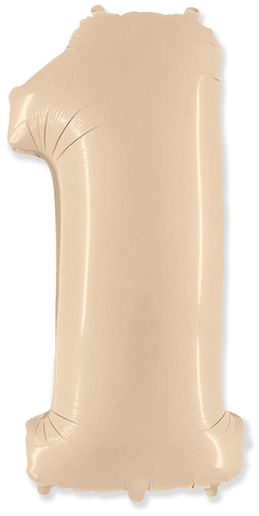 A balloon that inflates to 32".  Satin Cream Number "1" Foil Balloon Flexmetal