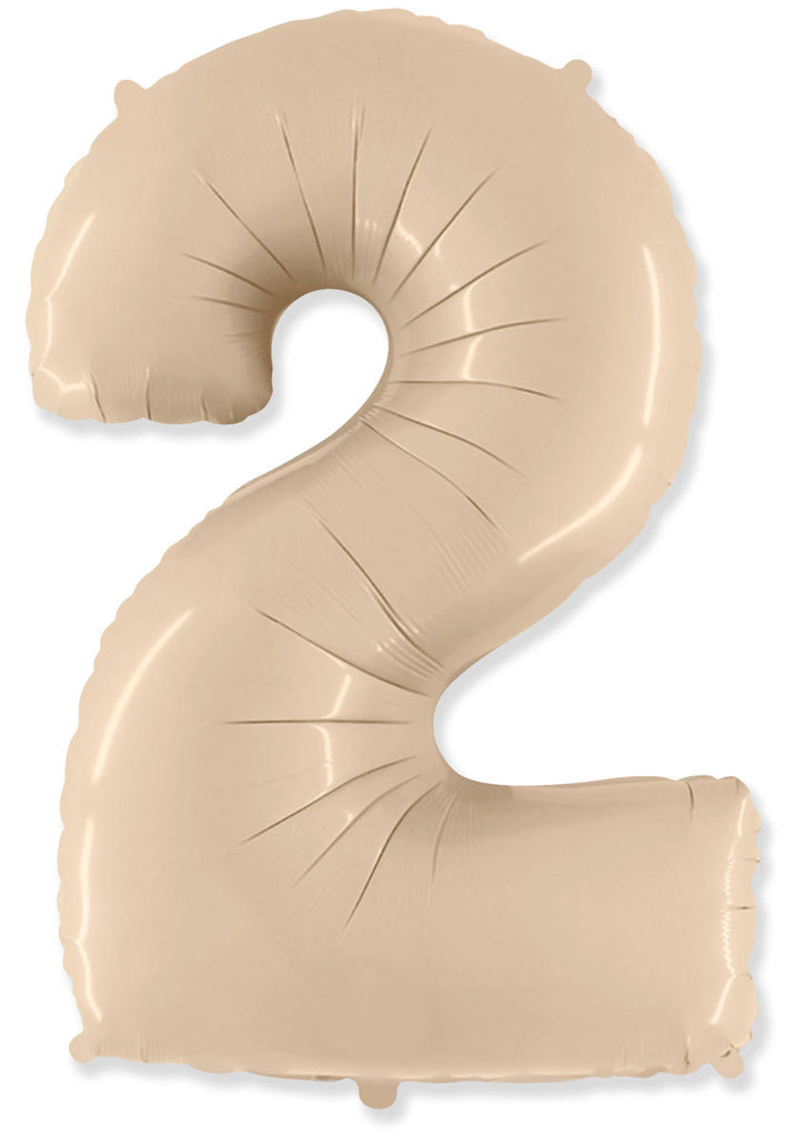 A balloon that inflates to 32".  Satin Cream Number "2" Foil Balloon Flexmetal