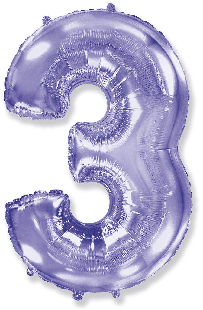 A balloon that inflates to 32".  Lilac Number "3" Foil Balloon Flexmetal