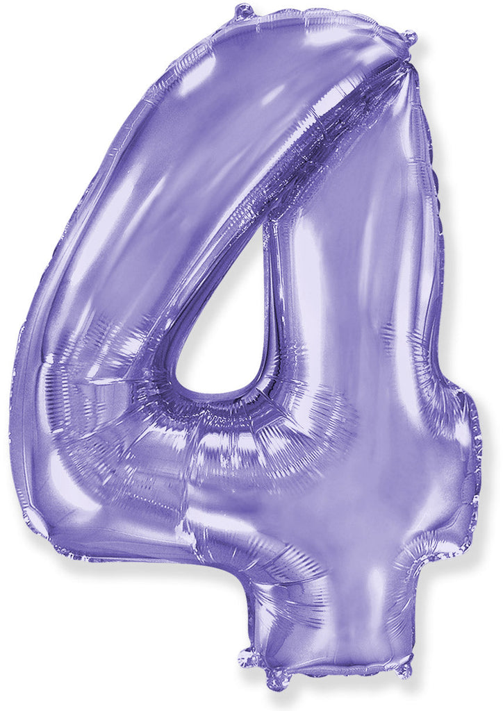 A balloon that inflates to 32".  Lilac Number "4" Foil Balloon Flexmetal
