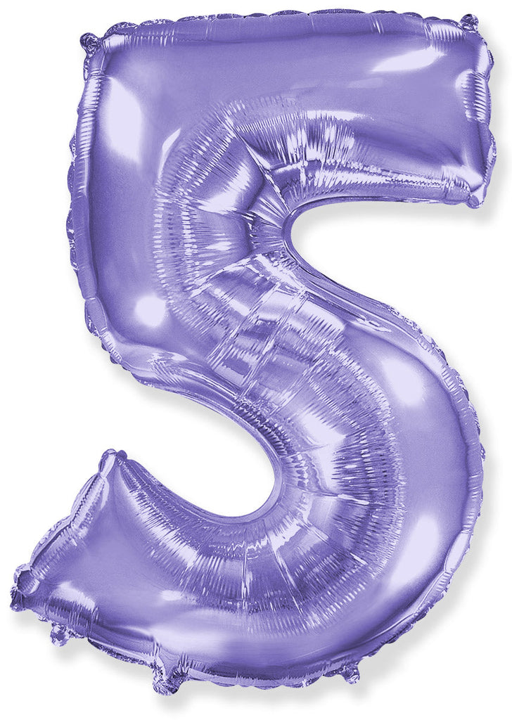 A balloon that inflates to 32".  Lilac Number "5" Foil Balloon Flexmetal