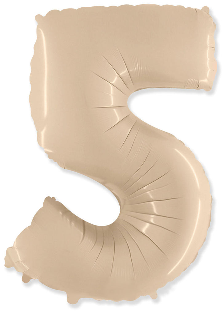 A balloon that inflates to 32".  Satin Cream Number "5" Foil Balloon Flexmetal