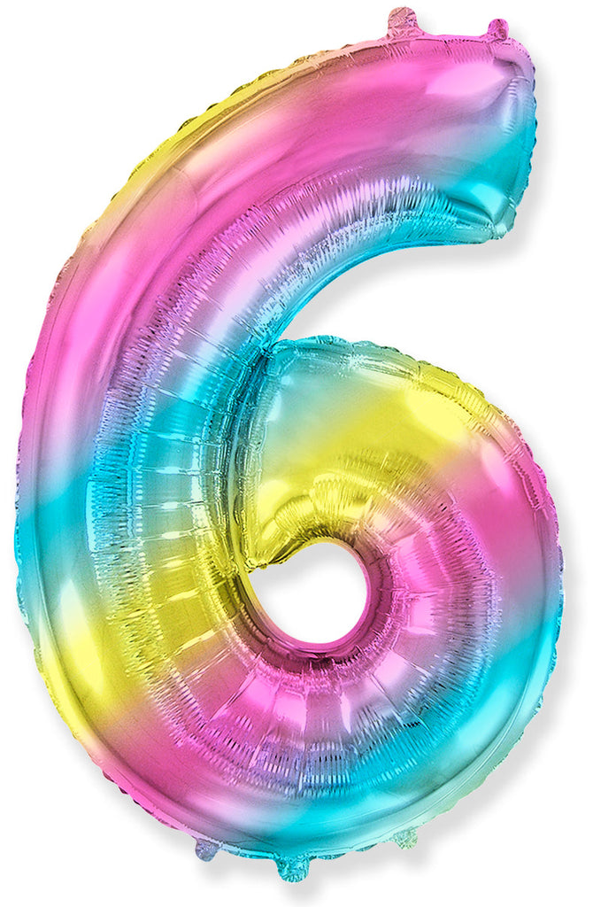A balloon that inflates to 32".  Flexmetal Balloon Number Shaped like "6" Gradient