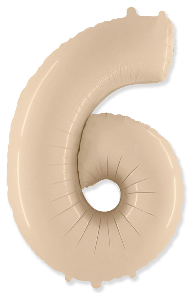 A balloon that inflates to 32".  Satin Cream Number "6" Foil Balloon Flexmetal