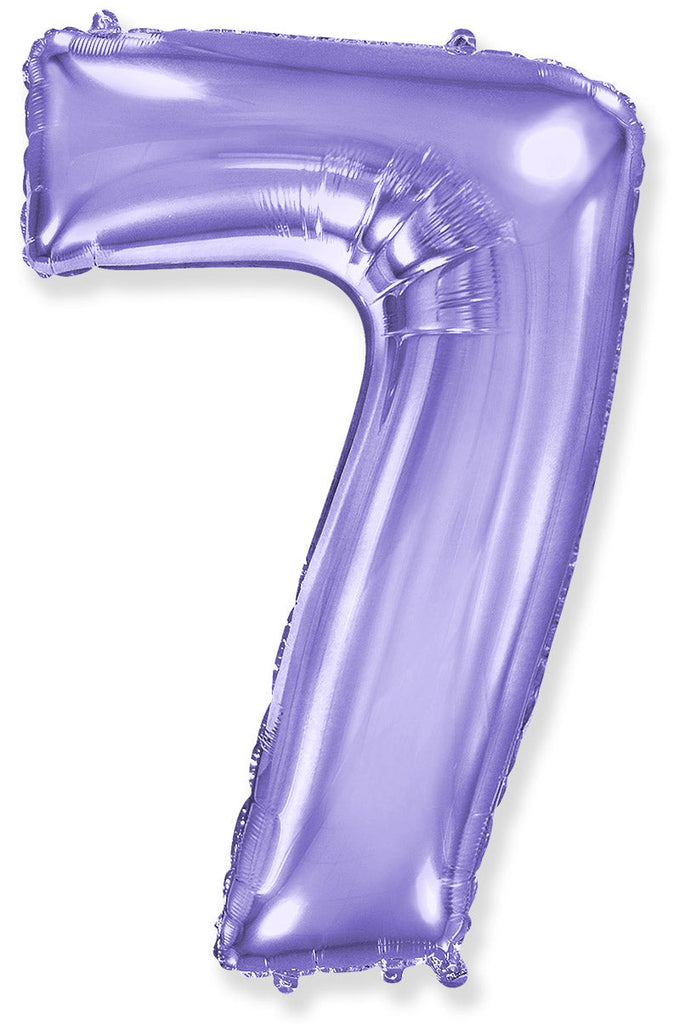 A balloon that inflates to 32".  Lilac Number "7" Foil Balloon Flexmetal