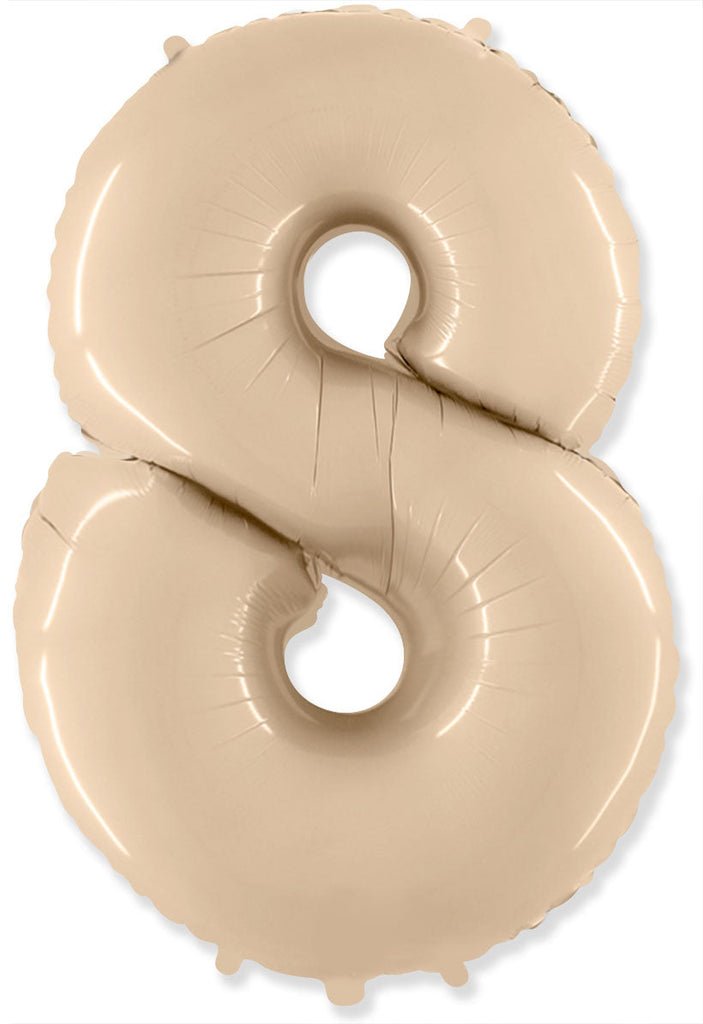 A balloon that inflates to 32".  Satin Cream Number "8" Foil Balloon Flexmetal