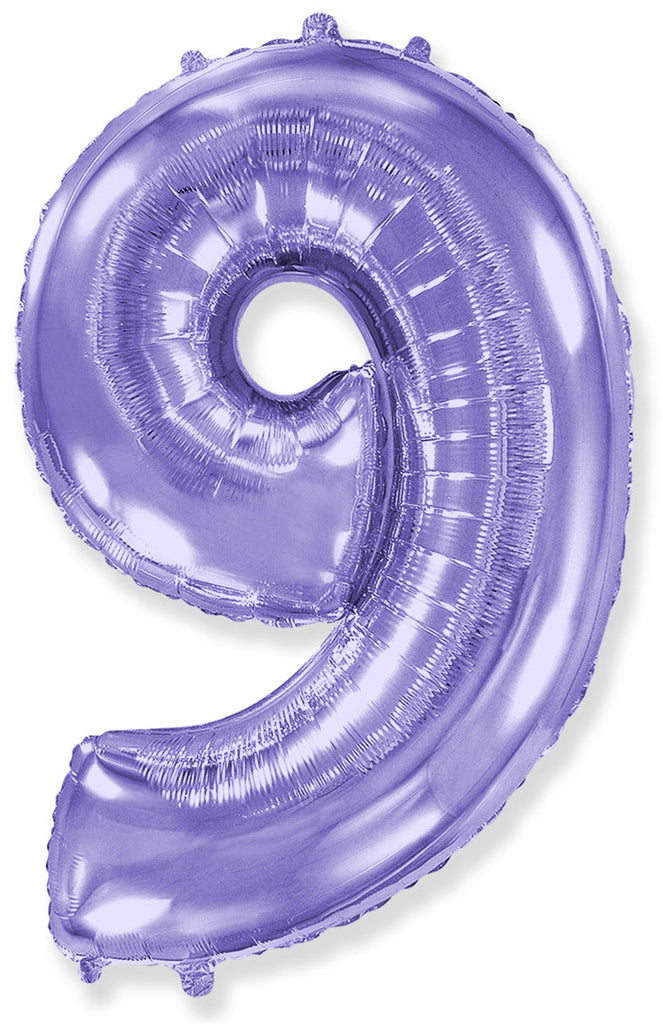 A balloon that inflates to 32".  Lilac Number "9" Foil Balloon Flexmetal