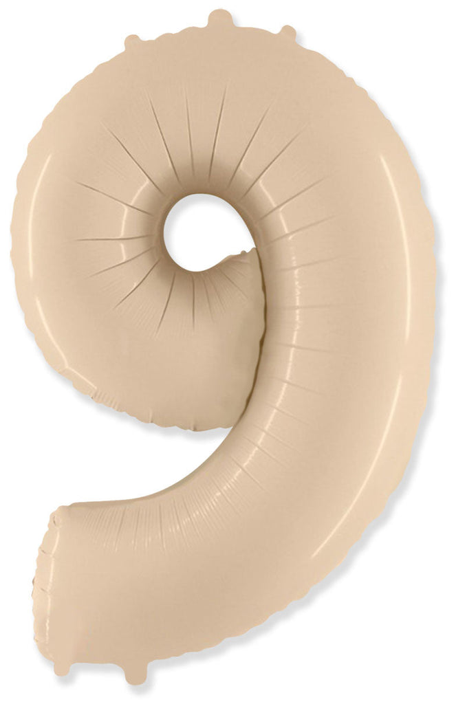 A balloon that inflates to 32".  Satin Cream Number "9" Foil Balloon Flexmetal
