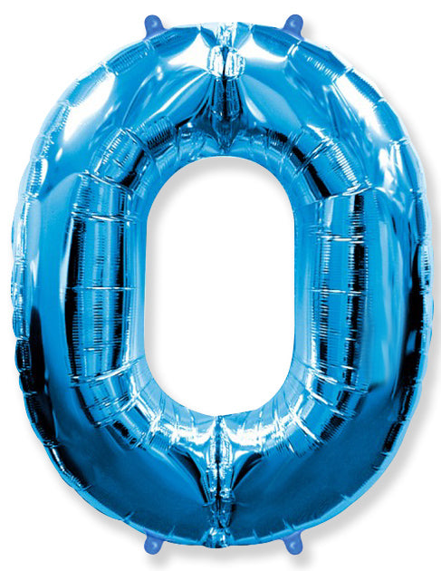 A balloon that inflates to 32".  Shape Number "0" Blue Balloon Flexmetal