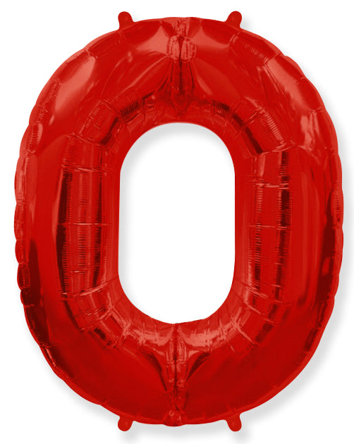 A balloon that inflates to 32".  Flexmetal Medium Size Balloon Number Shaped like "0" Red