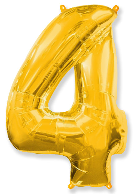 A balloon that inflates to 32".  Shape Number "4" Gold Balloon Flexmetal