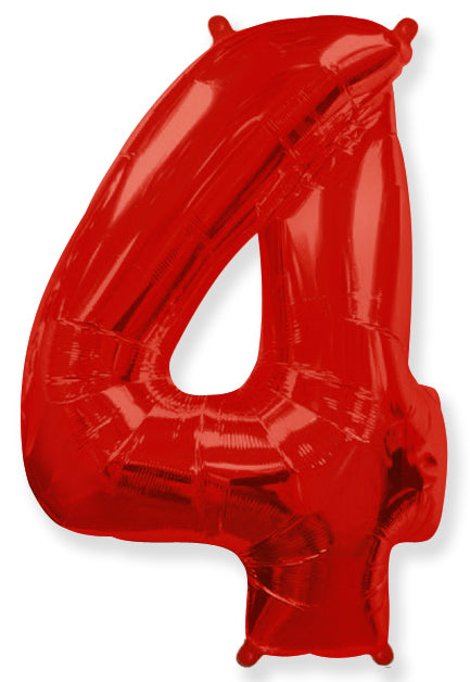 A balloon that inflates to 32".  Flexmetal Balloon Number Shaped like "4" Red