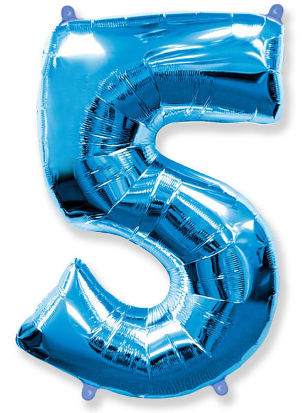 A balloon that inflates to 32".  Shape Number "5" Blue Balloon Flexmetal