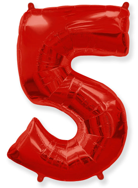 A balloon that inflates to 32".  Flexmetal Balloon Number Shaped like "5" Red
