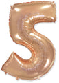 A balloon that inflates to 32".  Flexmetal Balloon Number Shaped like "5" Rose Gold