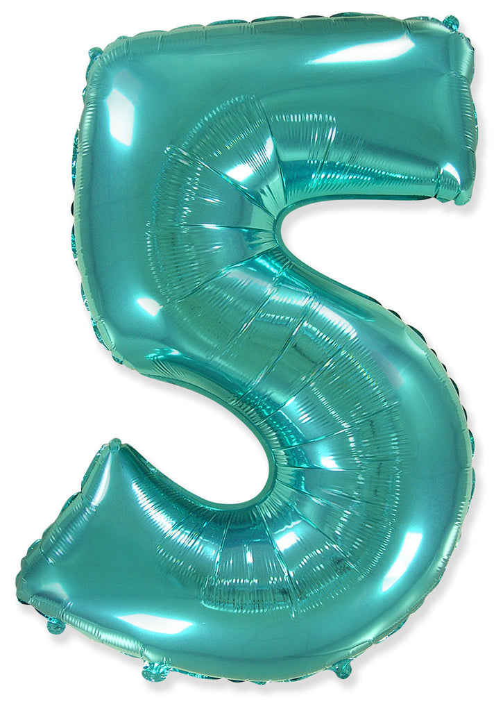 A balloon that inflates to 32".  Flexmetal Balloon Number Shaped like "5" Turquoise