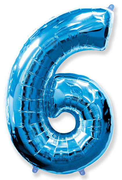 A balloon that inflates to 32".  Shape Number "6" Blue Balloon Flexmetal