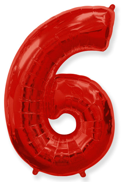 A balloon that inflates to 32".  Flexmetal Balloon Number Shaped like "6" Red
