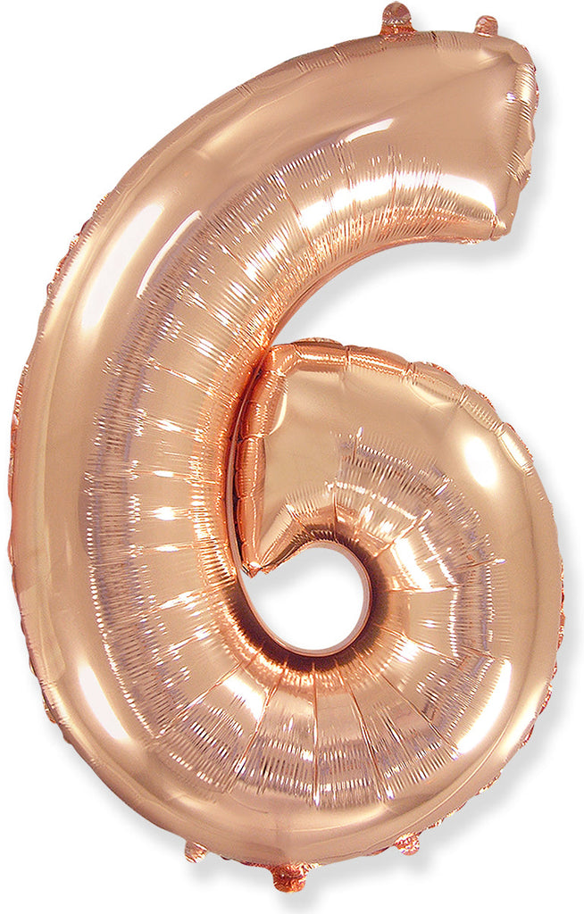 A balloon that inflates to 32".  Flexmetal Balloon Number Shaped like "6" Rose Gold