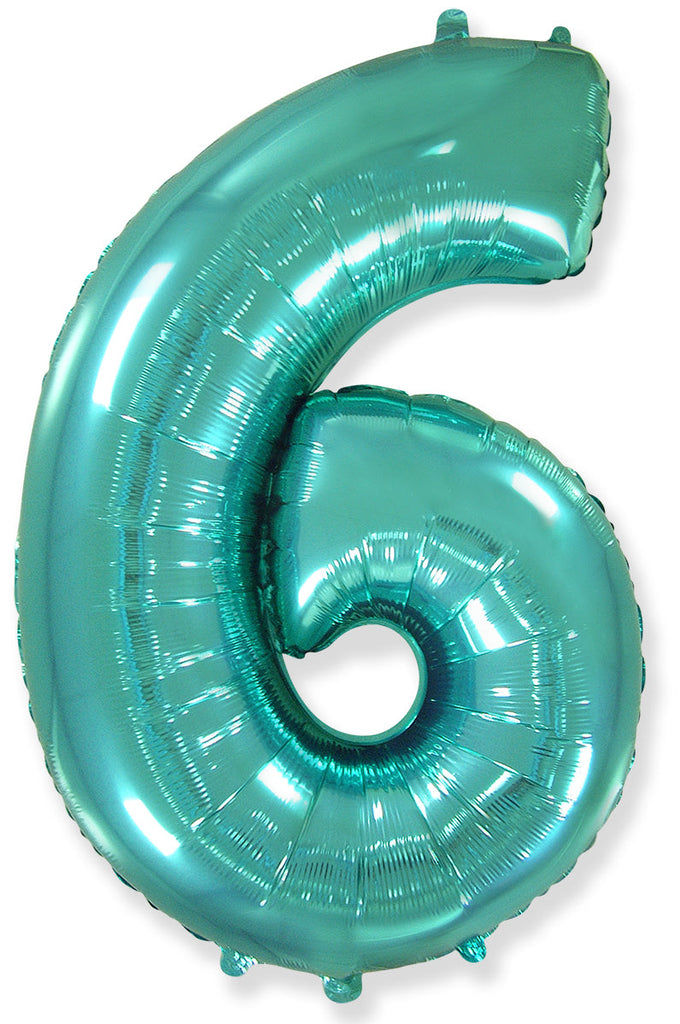 A balloon that inflates to 32".  Flexmetal Balloon Number Shaped like "6" Turquoise