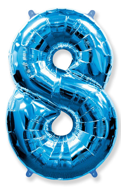 A balloon that inflates to 32".  Shape Number "8" Blue Balloon Flexmetal