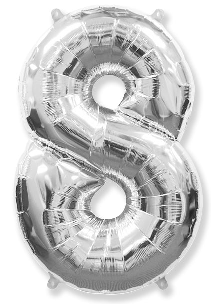 A balloon that inflates to 32".  Shape Number "8" Silver Balloon Flexmetal