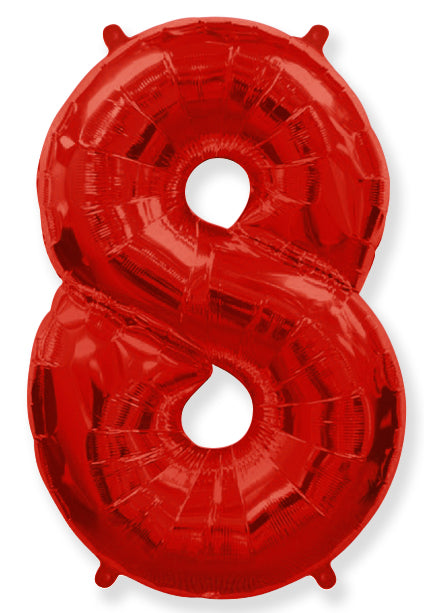 A balloon that inflates to 32".  Flexmetal Balloon Number Shaped like "8" Red
