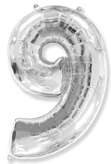 A balloon that inflates to 32".  Shape Number "9" Silver Balloon Flexmetal