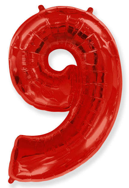 A balloon that inflates to 32".  Flexmetal Balloon Number Shaped like "9" Red