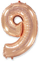 A balloon that inflates to 32".  Flexmetal Balloon Number Shaped like "9" Rose Gold
