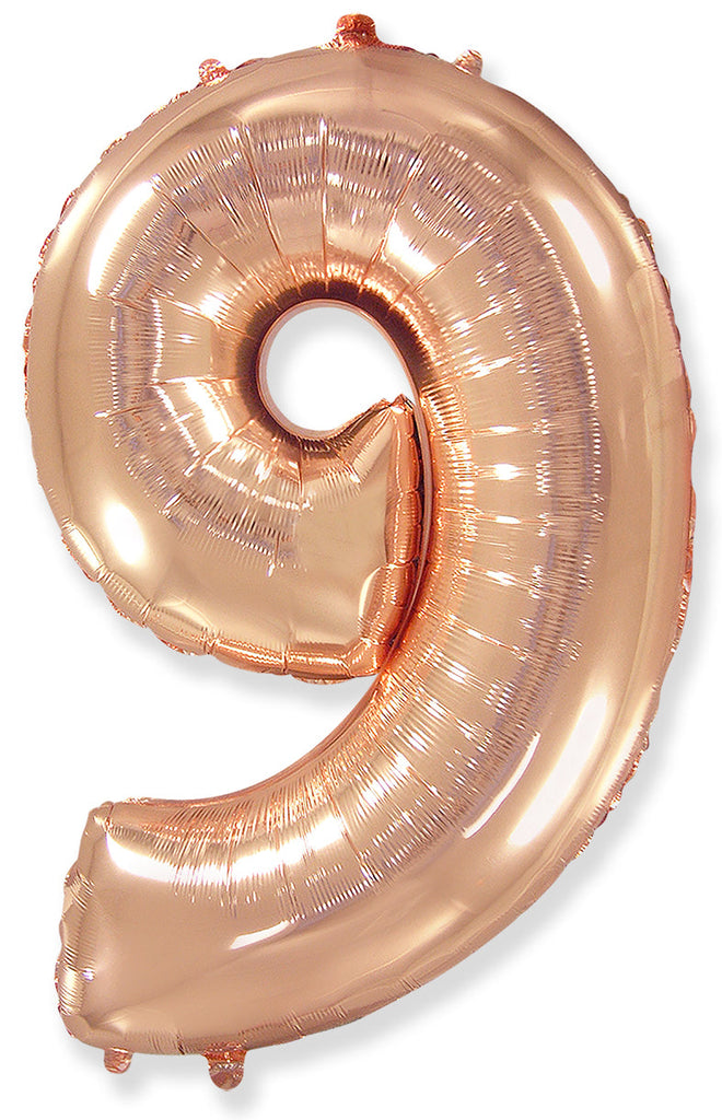 A balloon that inflates to 32".  Flexmetal Balloon Number Shaped like "9" Rose Gold