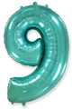 A balloon that inflates to 32".  Flexmetal Balloon Number Shaped like "9" Turquoise