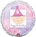 Celebra su gran día con el Globo de Globo Anagrama/MD 18" 1er Cumpleaños Niña, con estrellas rosa y morado pastel, una carita de bebé sonriente con un gorro de fiesta rosa "1" y el texto "feliz 1er cumpleaños".