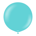 En un fondo blanco liso se ve un globo grande y redondo de látex «Kalisan» de 24 pulgadas, de color azul aguamarina, con un pequeño nudo. El nombre de la marca, «Kalisan», aparece impreso cerca del nudo.