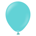 Un globo de látex Kalisan de 12,7 cm, ya inflado, en color azul aguamarina estándar con superficie brillante, atado por la parte inferior, con la palabra «kalisan» impresa en letras blancas pequeñas cerca del nudo. El fondo es blanco liso.