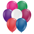 Une grappe de sept ballons en latex Tuftex Crystal/Jewel de 17" assortis, en rouge, bleu, blanc, violet, rose, vert et marron, du lot de 50 ballons par sac de Tuftex, présentés sur un fond blanc.