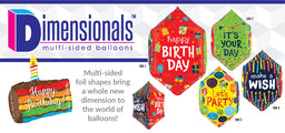 Advertisement for Betallic's 28" Multi-Sided Rainbow Birthday Cake Balloon, a colorful foil balloon featuring "Happy Birthday" and festive multi-sided designs—perfect for celebrations!.