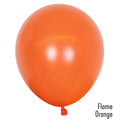 A single round orange balloon with a small tied end at the bottom. The words "5\" Kalisan Latex Balloons Standard Flame Orange (50 Per Bag)" and the brand name "Kalisan" appear in the lower right corner.