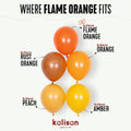 A diagram features five Kalisan 5" Latex Balloons in various orange shades, arranged pyramid-style with Flame Orange at the top, Rust Orange and Orange in the middle, and Peach and Amber balloons at the base.