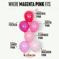 Un lot de six ballons roses Kalisan comprend le modèle « Magenta Pink » de 30 cm (standard, 50 par sachet). Le ballon « Magenta Pink » porte une étiquette sur le dessus.