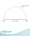 The Deco Arch Connector for Base by Decochamp (10 units per box) works with 16"x16" or 24"x24" DecoBase, ideal for event décor. Displayed on a white background with the Decochamp logo at the bottom. Compatible with balloon arch kits.