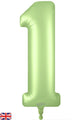 Un ballon en aluminium satiné couleur pistache pastel de 34 pouces de la marque Oaktree, en forme de chiffre 1, avec une finition vert clair brillante et un petit drapeau britannique dans le coin inférieur gauche.